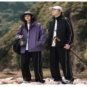Couple outdoor windbreaker jacket and pants set for hiking, spring autumn sports activewear.