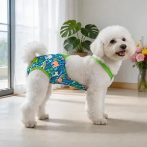 Vista detallada de lindos pantalones fisiológicos para mascotas con tirantes verdes.