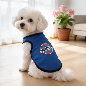 Detail shot of blue breathable pet dog vest with basketball print and black trim details.