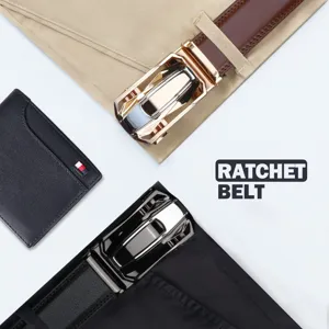 Men ratchet belt business casual leather belt set with automatic buckle and wallet accessory.