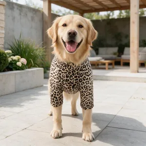 Leopard print pet jumpsuit for dogs, four-leg dog apparel detail shot, outdoor patio scene.