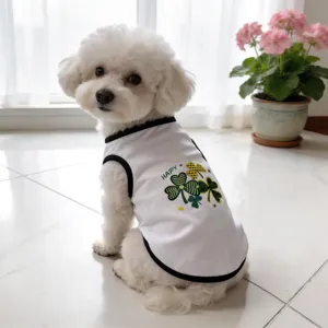 Detailed shot of breathable white pet vest with cute clover print for dogs, comfy summer wear.