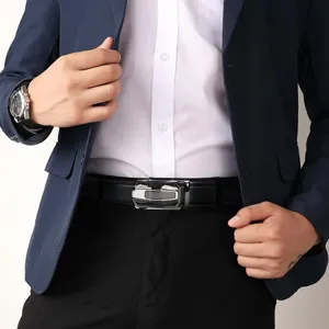 Men's leather dress belt with stylish metal automatic buckle for business and casual wear.