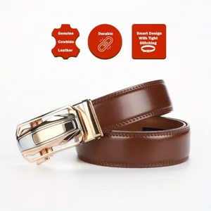 Men's brown leather belt with automatic metal alloy buckle stylish casual accessory