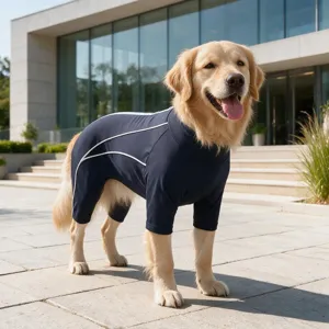 Close-up detail of a large dog wearing a navy blue four-leg pet jumpsuit outdoors.