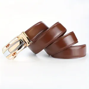 Brown leather belt detail, stylish automatic metal buckle, durable business casual accessory.