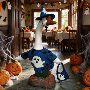 Vista dettagliata del costume da oca di Halloween con simpatico motivo di fantasmi.