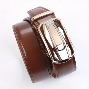 Brown leather belt detail, stylish automatic metallic buckle, perfect for men business wear.