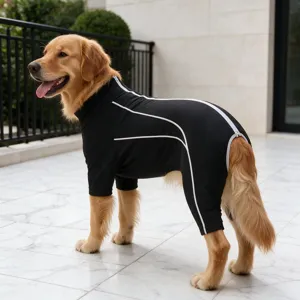 Detailed view of black dog jumpsuit with white trim and back zipper for large breeds.