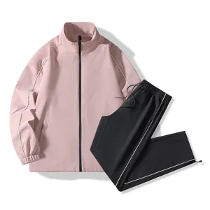 Men Women Couple Sportswear Set Pink Windbreaker Jacket Black Tracksuit Two Piece