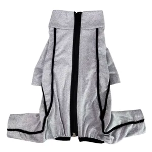 Gray dog jumpsuit detail, cozy four-legged pet apparel with sleek black zipper and trim.