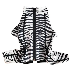 Detailed view of the black and white zebra print four-legged dog jumpsuit with front zipper closure.