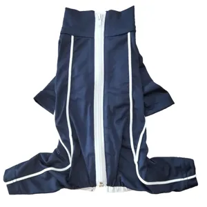 Detailed view of blue pet four-legged jumpsuit featuring a white front zipper and piping.