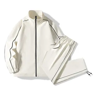 Men's stylish off-white casual track jacket and matching pants two-piece sports set.