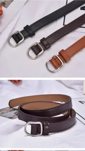 Close-up details of minimalist thin PU leather belts with square metal buckles in various colors.