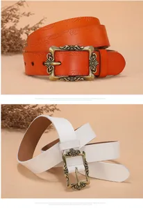 Women vintage genuine leather belt with retro pin buckle and embossed design casual jeans belt