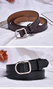 Close-up detail of slim PU leather belt with silver square pin buckle, elegant daily wear.