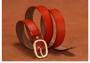 Women genuine leather belt detail view, premium cowhide with metallic pin buckle design.