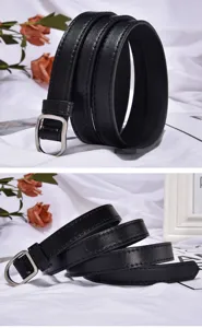 Classic black PU leather belt with minimalist square metal buckle for casual daily wear.