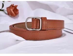 Brown PU leather casual belt for men and women with square pin buckle for daily wear.