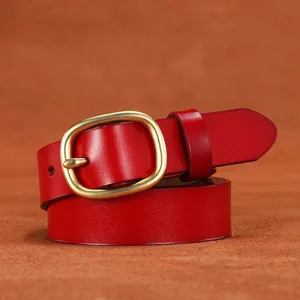 Red leather belt detail closeup, premium cowhide material with gold tone pin buckle, elegant style.