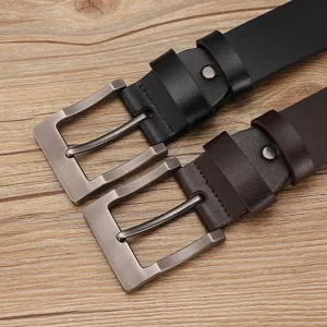 Men's casual leather belt with stylish metal pin buckle, classic black and brown design main.