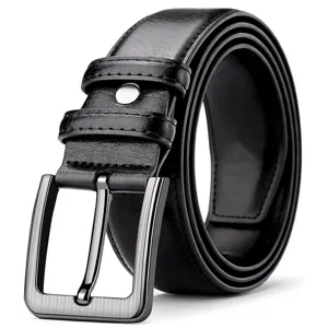 Classic men's black leather belt with silver metal pin buckle for business and casual wear.