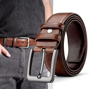 Men's vintage brown leather belt with metal pin buckle for casual jeans and business suit.