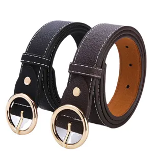 Women fashion leather belt set black brown round gold buckle casual jeans dress accessory
