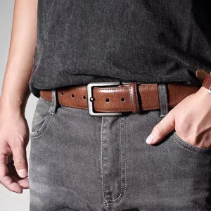Men's vintage brown leather belt with classic metal pin buckle casual jeans waist belt