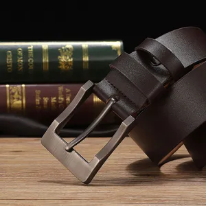Classic men's brown split leather belt with stylish metal pin buckle for casual wear.
