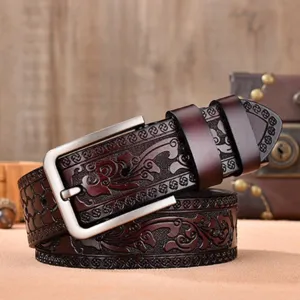 Vintage embossed men's leather belt with metal pin buckle, casual cowhide strap for daily wear.