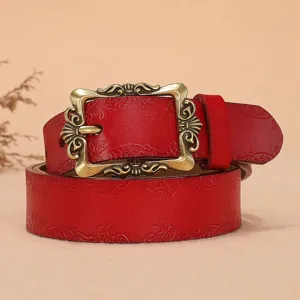 Vintage red leather women belt with ornate antique brass buckle embossed stylish waist strap