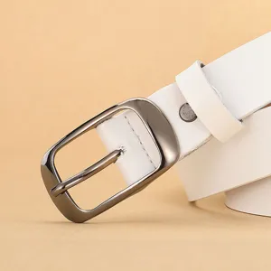 Women white genuine leather belt with stylish metal pin buckle for casual daily wear fashion.