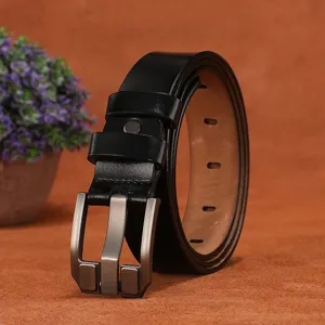 Women's black genuine leather belt with stylish metal pin buckle for casual jeans wear.