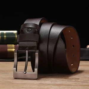 Men's casual brown leather belt with metal pin buckle, classic vintage design for daily wear.