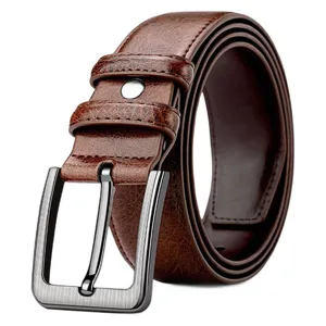 Classic men's brown leather belt with metal pin buckle, perfect for casual and business wear.