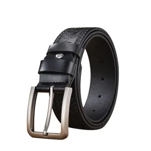 Men black leather belt vintage embossed casual waist belt with silver metal pin buckle.