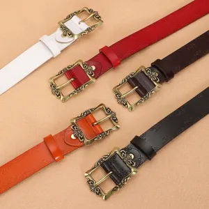Vintage women's leather belt casual pin buckle stylish retro embossed waist belt for jeans.