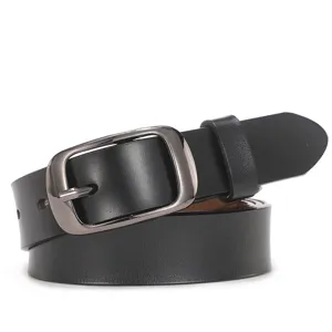 Classic women's black genuine leather belt with stylish metal pin buckle for daily wear.