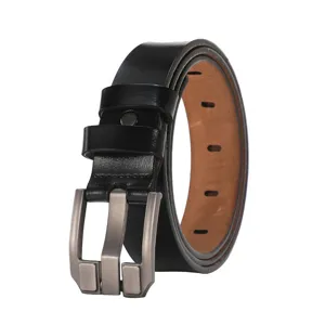 Women's genuine leather belt black casual pin buckle cowhide waist belt for daily jeans.