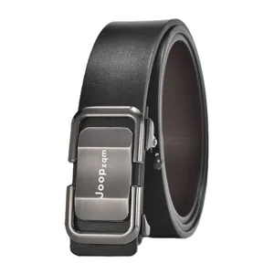 Men's genuine leather automatic buckle belt, classic business casual black cowhide waist belt.