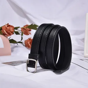 Casual black PU leather belt with square metal buckle, stylish accessory for men and women.