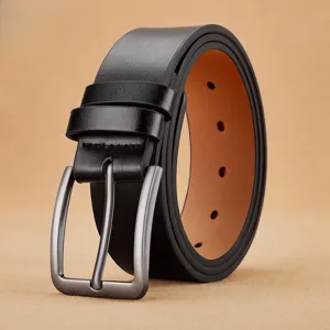 Men's black leather belt with alloy pin buckle, classic casual waist belt for trousers.