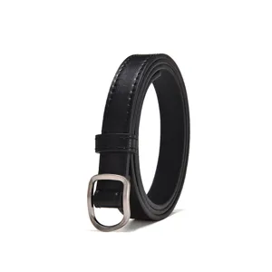 Classic black PU leather belt for men and women with stylish silver buckle and neat stitching.