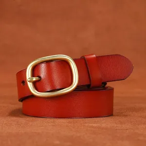 Women's genuine leather belt with retro pin buckle, stylish casual cowhide waist belt.