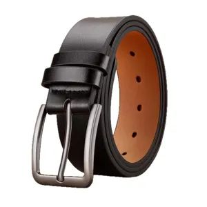 Men's black leather belt with silver alloy pin buckle casual business classic waist belt.