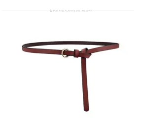 Women genuine leather slim belt vintage pin buckle strap for dress brown accessory