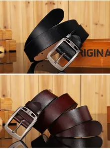 Detailed view of men's leather belt with classic pin buckle, premium cowhide material style.