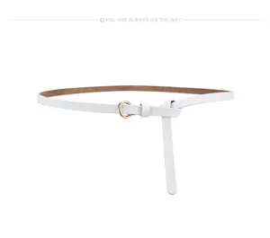 White genuine leather thin belt detail, minimalist design with small metal buckle for dress.